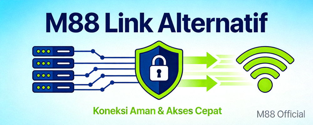 Banner utama halaman link alternatif M88 dengan ilustrasi koneksi aman dan akses cepat