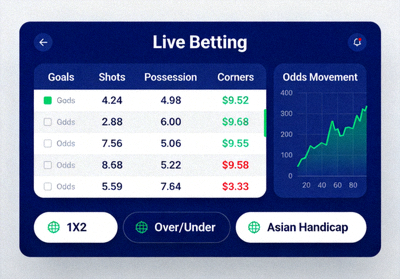 Layar taruhan langsung live betting dengan statistik pertandingan real-time dan grafik pergerakan odds